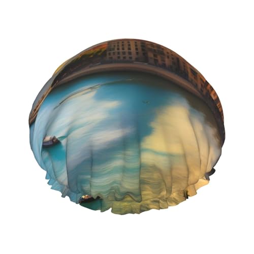 Sonnenuntergang in Barcelona Doppellagige Damen-Duschhaube, wiederverwendbar, großes Design, geeignet für alle Haarlängen, geeignet für Mädchen, Spa und Heimsalon. von WZYCWB