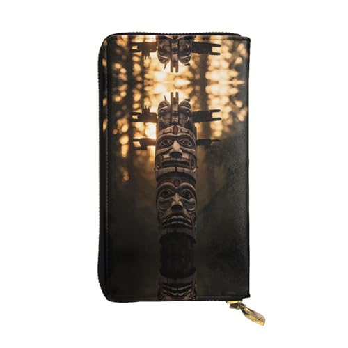 Tribal Totem Holzstatue gemustertes Leder lange Geldbörse (19,1 x 10,4 cm) | extra großes Multifunktionsfach | tolles Geschenk von WZYCWB
