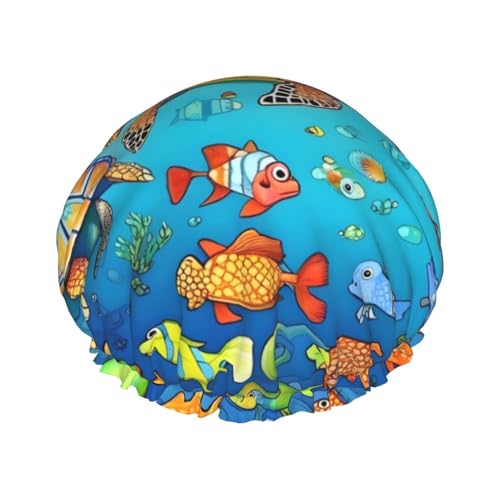 Turtle and Fish Doppelschichtige Damen-Duschhaube, wiederverwendbar, großes Design, geeignet für alle Haarlängen, geeignet für Mädchen, Spa und Heimsalon. von WZYCWB