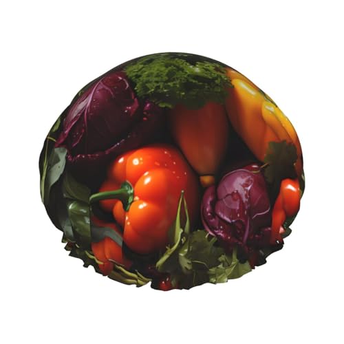 Viel frisches Gemüse, doppellagige Damen-Duschhaube, wiederverwendbar, großes Design, geeignet für alle Haarlängen, geeignet für Mädchen, Spa und Heimsalon. von WZYCWB