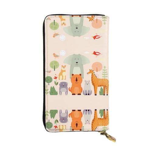 Viele niedliche Cartoon-Tiere gemusterte lange Geldbörse aus Leder (19,1 x 10,4 cm) | extra großes Multifunktionsfach | tolles Geschenk von WZYCWB