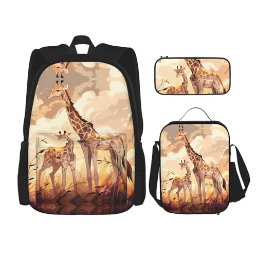 WZYCWB Giraffe Mutter und Kind Rucksack Set (3-teiliges Set) – Schüler-Schultasche + Federmäppchen + Lunchtasche, Rucksack mit großer Kapazität von WZYCWB