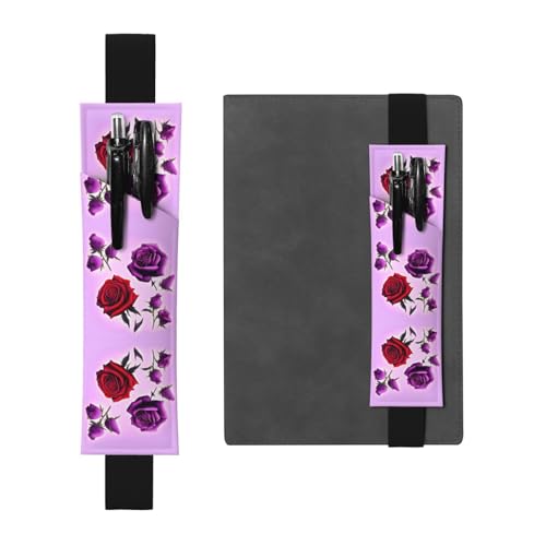 WZYCWB Rote und lila Rosen bedruckte große Kapazität PVC-Stifthalter + kreatives Tagebuch Stiftetasche Set mit Gummiband Anti-Rutsch-Design von WZYCWB