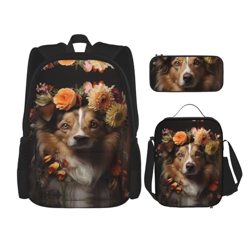 WZYCWB Rucksack für Mädchen mit Blumen (3-teiliges Set) – Schüler-Schultasche + Federmäppchen + Lunchtasche, Rucksack mit großer Kapazität von WZYCWB