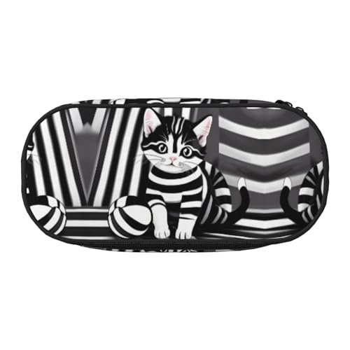 WZYCWB Schwarz-weiß gestreiftes Kätzchen-Federmäppchen mit großer Kapazität – Multifunktionale Aufbewahrungsbox, tragbare und langlebige Bleistifttasche für Büro- und Schulbedarf, Schwarz von WZYCWB