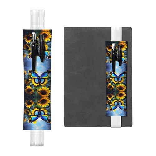 WZYCWB Sunflower Blue Butterfly Leather Pen Holder Bookmark, Adjustable Leather Pen Holder, Perfect for Back to School Christmas Gifts von WZYCWB
