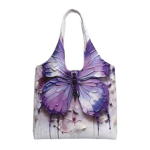 WZYCWB Violette Leinentasche mit Ölgemälde, Schmetterling, bedruckte einzelne Schultertasche, modische Alltagstasche, geeignet für den täglichen Gebrauch auf Reisen und zum Einkaufen von WZYCWB