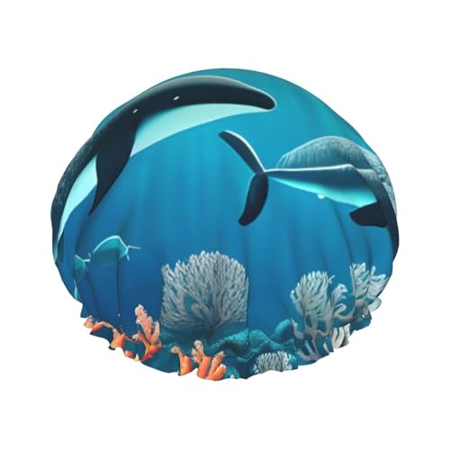 Wale unter dem Meer, doppellagige Damen-Duschhaube, wiederverwendbar, großes Design, geeignet für alle Haarlängen, geeignet für Mädchen, Spa und Heimsalon. von WZYCWB