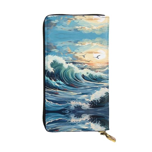 Wave Sailboat Möwe gemusterte lange Geldbörse aus Leder (19,1 x 10,4 cm) | extra großes Multifunktionsfach | tolles Geschenk von WZYCWB