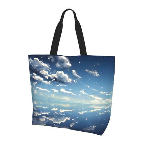 Wiederverwendbare Einkaufstasche mit einer Schulter, blauer Himmel und weißen Wolken für Damen, eine Schulter, lässige Mehrzweck-Tragetasche, große Einkaufstasche von WZYCWB