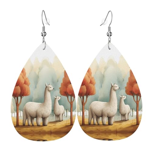 WZYWHJ Alpakas unter den Rotholzbäumen Bild Damen Leder Ohrringe Einfache Wassertropfen Anhänger Mode Urlaub Geschenk von WZYWHJ