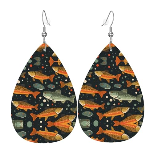 WZYWHJ Bachforelle Fliegenfischen Bild Damen Leder Ohrringe Einfache Wassertropfen Anhänger Mode Urlaub Geschenk von WZYWHJ