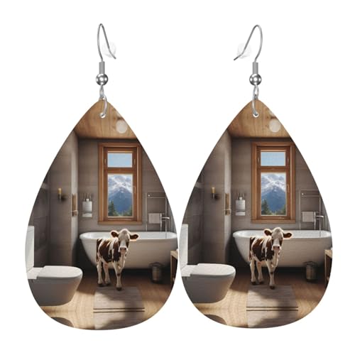 WZYWHJ Badezimmer Alpine Kuh Prints Damen Leder Ohrringe Einfache Wassertropfen Anhänger Mode Urlaub Geschenk von WZYWHJ