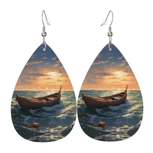 WZYWHJ Bambusfloß auf dem Meer Bild Damen Leder Ohrringe Einfache Wassertropfen Anhänger Mode Urlaub Geschenk von WZYWHJ