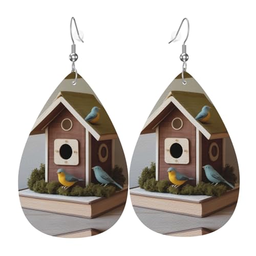 WZYWHJ Bird Book House Prints Damen Leder Ohrringe Einfache Wassertropfen Anhänger Mode Urlaub Geschenk von WZYWHJ