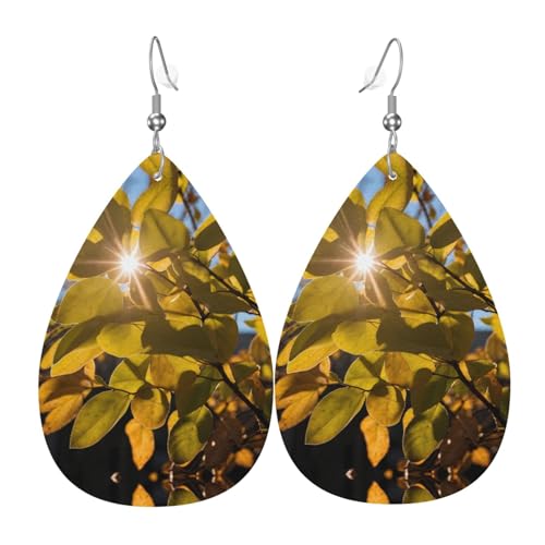 WZYWHJ Blätter leuchten in der Sonne Bild Damen Leder Ohrringe Einfache Wassertropfen Anhänger Mode Urlaub Geschenk von WZYWHJ