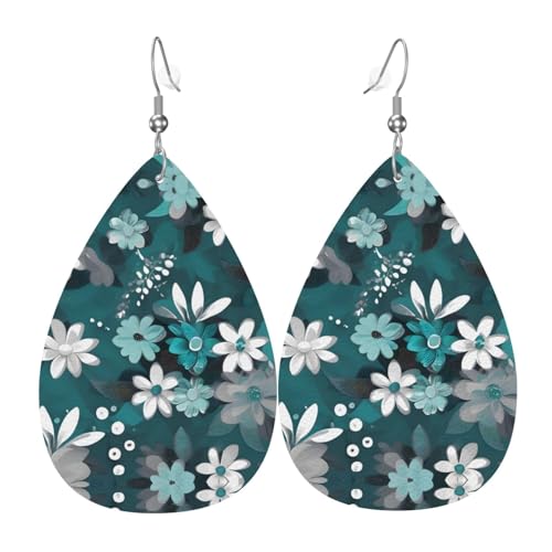 WZYWHJ Blaugrün Grau und Weiß Blumenbild Damen Leder Ohrringe Einfache Wassertropfen Anhänger Mode Urlaub Geschenk von WZYWHJ