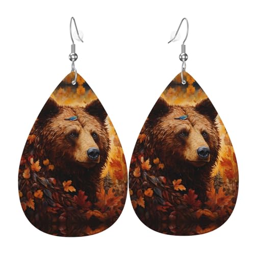 WZYWHJ Braunbär im Herbst Bild Damen Leder Ohrringe Einfache Wassertropfen Anhänger Mode Urlaub Geschenk von WZYWHJ