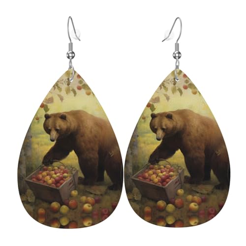 WZYWHJ Braunbär pflückt Äpfel Bild Damen Leder Ohrringe Einfache Wassertropfen Anhänger Mode Urlaub Geschenk von WZYWHJ