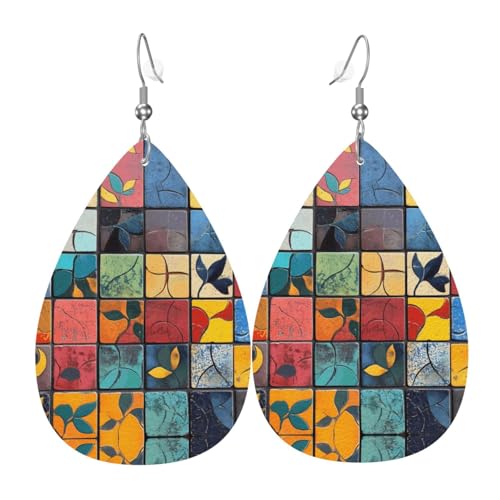 WZYWHJ Bunte Fliesen Bild Damen Lederohrringe, einfacher Wassertropfen-Anhänger, modisches Urlaubsgeschenk von WZYWHJ