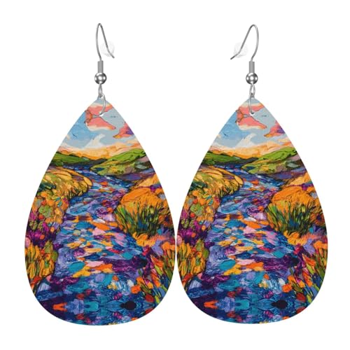 WZYWHJ Bunte Flussbild-Damen-Leder-Ohrringe, einfacher Wassertropfen-Anhänger, modisches Urlaubsgeschenk von WZYWHJ