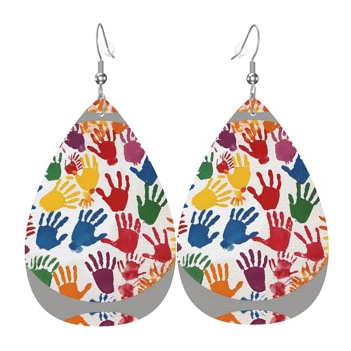 WZYWHJ Bunte Handabdrücke im Kreis. Bild, Damen-Leder-Ohrringe, einfacher Wassertropfen-Anhänger, modisches Urlaubsgeschenk von WZYWHJ