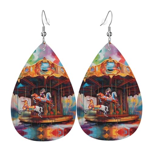 WZYWHJ Bunte Karussell-Bild-Damen-Leder-Ohrringe, einfacher Wassertropfen-Anhänger, modisches Urlaubsgeschenk von WZYWHJ