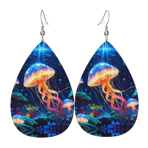 WZYWHJ Bunte Quallen auf dem Meeresboden. Damen-Leder-Ohrringe, einfacher Wassertropfen-Anhänger, modisches Urlaubsgeschenk von WZYWHJ