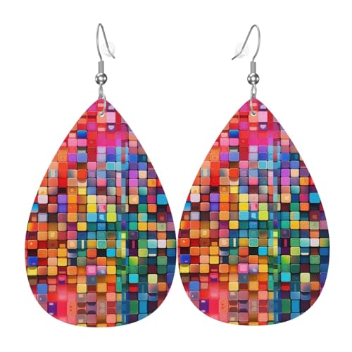 WZYWHJ Bunte Raster-Bild-Damen-Leder-Ohrringe, einfacher Wassertropfen-Anhänger, modisches Urlaubsgeschenk von WZYWHJ