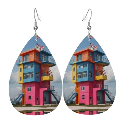 WZYWHJ Bunte Rettungsturm-Bild, Damen-Leder-Ohrringe, einfacher Wassertropfen-Anhänger, modisches Urlaubsgeschenk von WZYWHJ