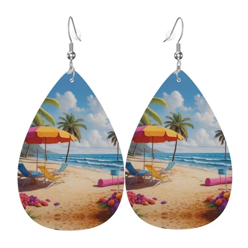 WZYWHJ Bunte Strandbild-Damen-Leder-Ohrringe, einfacher Wassertropfen-Anhänger, modisches Urlaubsgeschenk von WZYWHJ