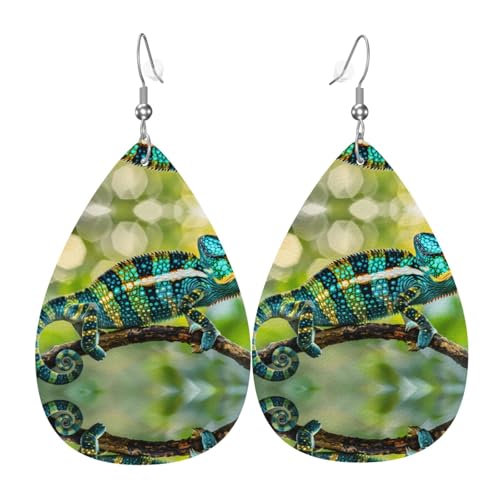 WZYWHJ Chamäleon On Branch Bild Damen Leder Ohrringe Einfache Wassertropfen Anhänger Mode Urlaub Geschenk von WZYWHJ
