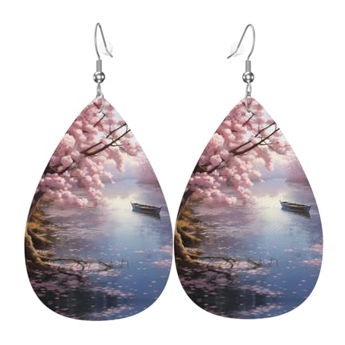 WZYWHJ Cherry Blossoms by the Lake Prints Damen Leder Ohrringe Einfache Wassertropfen Anhänger Mode Urlaub Geschenk von WZYWHJ