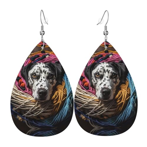 WZYWHJ Dalmatiner spielt mit Garnknäuel Bild Damen Leder Ohrringe Einfache Wassertropfen Anhänger Mode Urlaub Geschenk von WZYWHJ