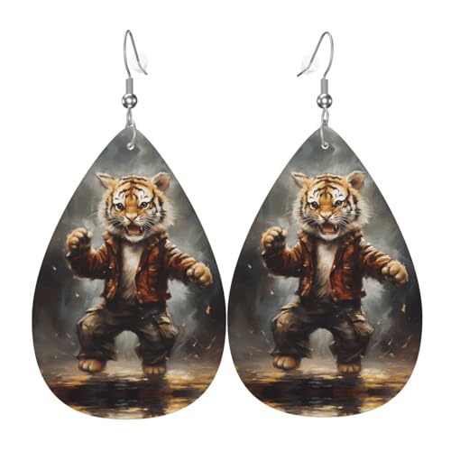 WZYWHJ Dancing Tiger Cub Picture Damen Leder Ohrringe Einfache Wassertropfen Anhänger Mode Urlaub Geschenk von WZYWHJ