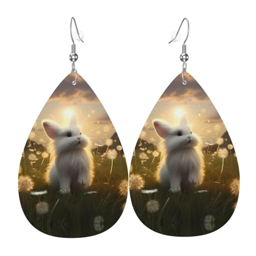 WZYWHJ Dandelion Mile Little White Rabbit Picture Damen Leder Ohrringe Einfache Wassertropfen Anhänger Mode Urlaub Geschenk von WZYWHJ