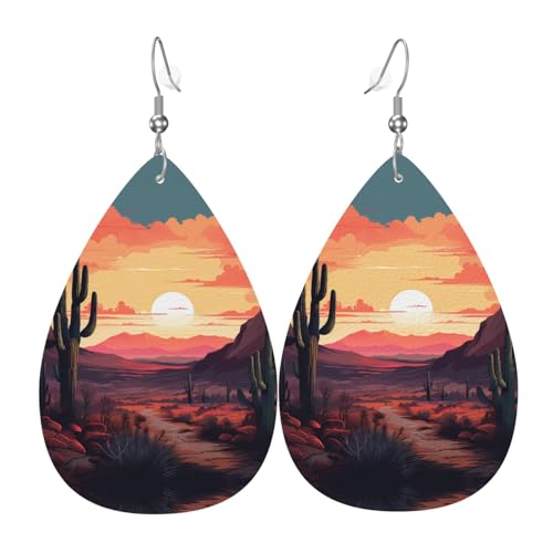 WZYWHJ Desert Cactus Prints Damen Leder Ohrringe Einfache Wassertropfen Anhänger Mode Urlaub Geschenk von WZYWHJ