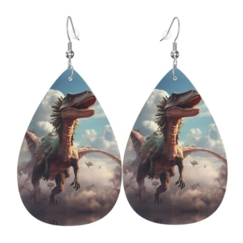 WZYWHJ Dinosaurier im Himmel Bild Damen Leder Ohrringe Einfache Wassertropfen Anhänger Mode Urlaub Geschenk von WZYWHJ