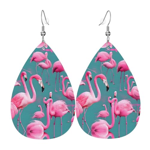 WZYWHJ Ein Schwarm Flamingos Prints Damen Leder Ohrringe Einfache Wassertropfen Anhänger Mode Urlaub Geschenk von WZYWHJ