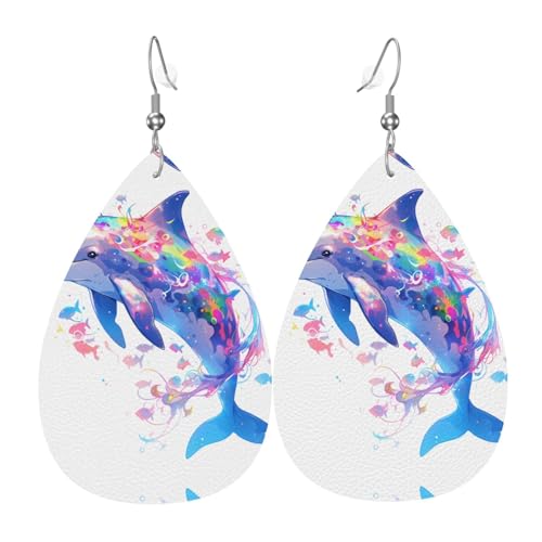WZYWHJ Farbenfrohes Blumenband Delfinbild Damen-Leder-Ohrringe, einfacher Wassertropfen-Anhänger, modisches Urlaubsgeschenk von WZYWHJ