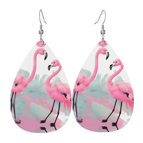 WZYWHJ Flamingo Prints Damen Leder Ohrringe Einfache Wassertropfen Anhänger Mode Urlaub Geschenk von WZYWHJ