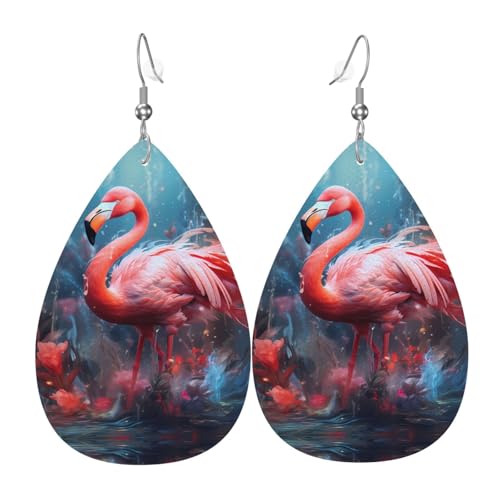 WZYWHJ Flamingo Prints Damen Leder Ohrringe Einfache Wassertropfen Anhänger Mode Urlaub Geschenk von WZYWHJ