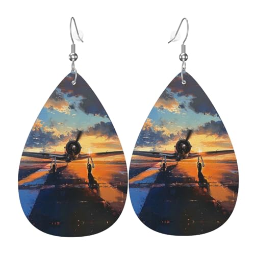 WZYWHJ Flugzeug bei Sonnenuntergang Bild Damen Leder Ohrringe Einfache Wassertropfen Anhänger Mode Urlaub Geschenk von WZYWHJ