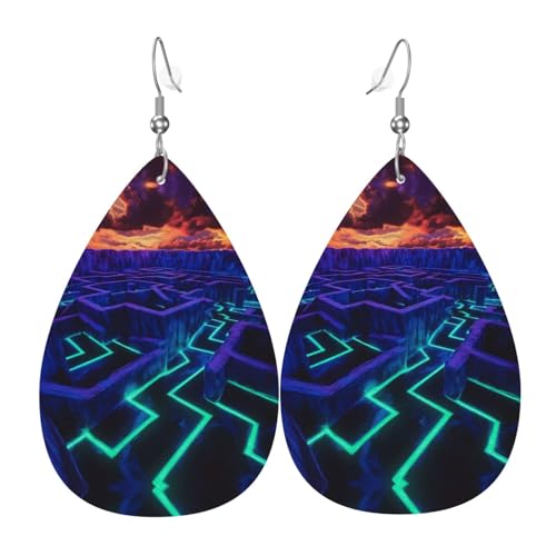 WZYWHJ Fluoreszierende Labyrinth-Drucke Damen-Leder-Ohrringe, einfacher Wassertropfen-Anhänger, modisches Urlaubsgeschenk von WZYWHJ