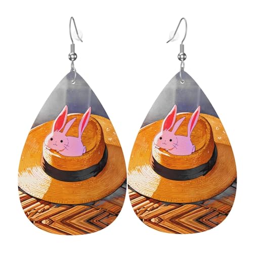 WZYWHJ Häschen Anhänger auf Strohhut Bild Damen Leder Ohrringe Einfache Wassertropfen Anhänger Mode Urlaub Geschenk von WZYWHJ