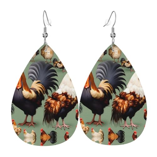 WZYWHJ Hahn und Huhn Prints Damen Leder Ohrringe Einfache Wassertropfen Anhänger Mode Urlaub Geschenk von WZYWHJ
