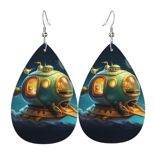 WZYWHJ Happy Little Raumschiff Bild Damen Leder Ohrringe Einfache Wassertropfen Anhänger Mode Urlaub Geschenk von WZYWHJ