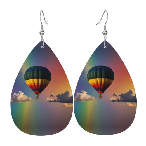 WZYWHJ Heißluftballon im Regenbogen Bild Damen Leder Ohrringe Einfache Wassertropfen Anhänger Mode Urlaub Geschenk von WZYWHJ