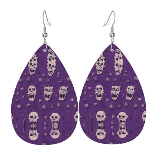 WZYWHJ Horror-Muster auf violettem Hintergrund, Bild, Damen-Leder-Ohrringe, einfacher Wassertropfen-Anhänger, modisches Urlaubsgeschenk von WZYWHJ