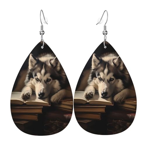 WZYWHJ Husky auf dem Buch Bild Damen Leder Ohrringe Einfache Wassertropfen Anhänger Mode Urlaub Geschenk von WZYWHJ